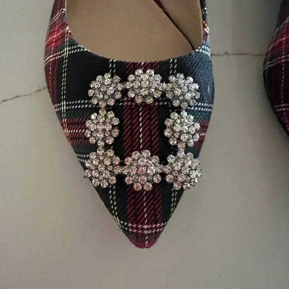 Karl Lagerfeld Black and Red Plaid Heels with Embellishments - Picture 3 of 6